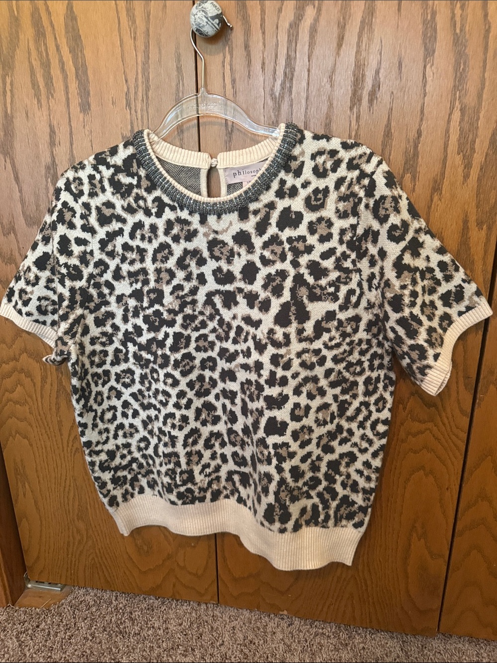 Philosophy Cream and Black Leopard Print Short-Sleeve Sweater